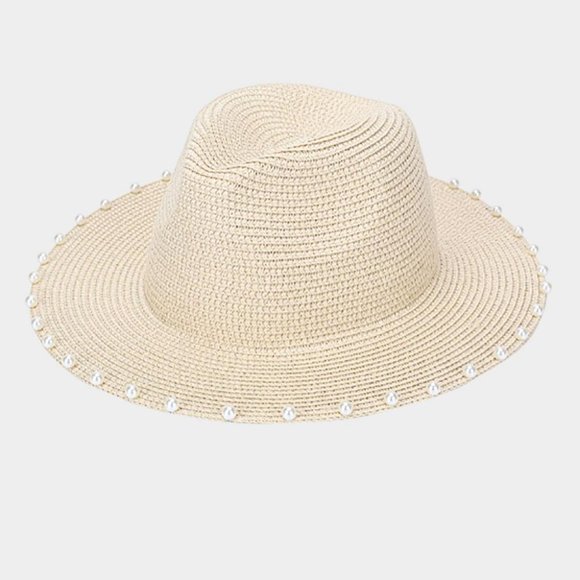 Pearl Trim Straw Fedora Hat - Picture 1 of 1